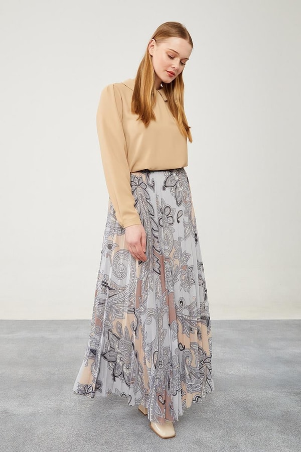 LevidorLevidor Gri Pliseli Çiçek Desen Şifon Etek