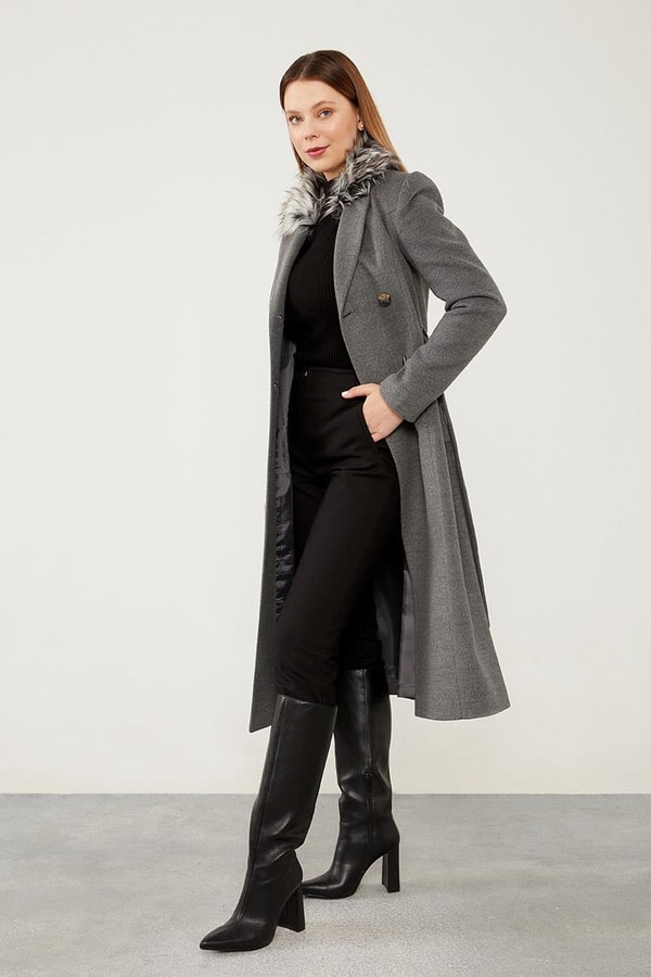 LevidorLevidor Gri Yakası Kürklü Kravuze Kaşe Kaban