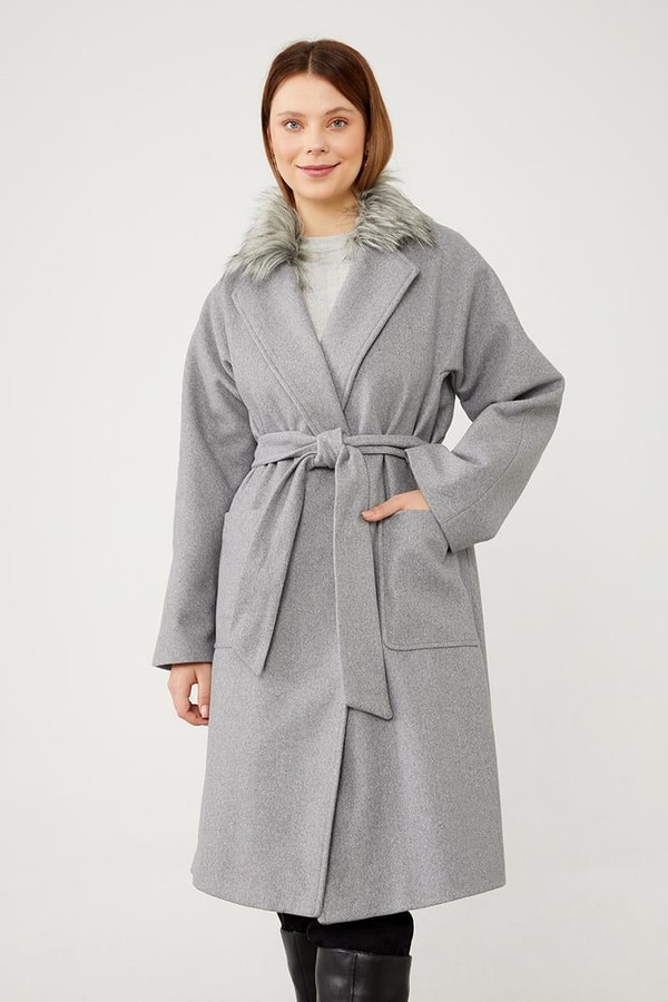 LevidorLevidor Gri Yakası Kürt Detaylı Kuşak Bağlamalı Kaşe Kaban