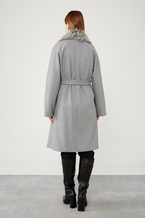 LevidorLevidor Gri Yakası Kürt Detaylı Kuşak Bağlamalı Kaşe Kaban