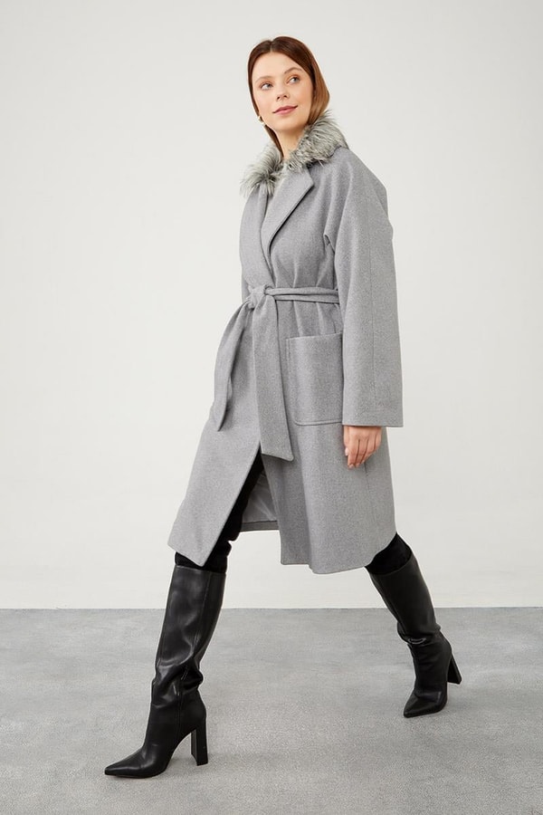 LevidorLevidor Gri Yakası Kürt Detaylı Kuşak Bağlamalı Kaşe Kaban