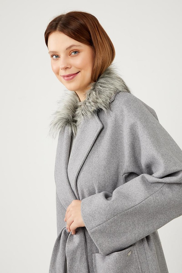 LevidorLevidor Gri Yakası Kürt Detaylı Kuşak Bağlamalı Kaşe Kaban