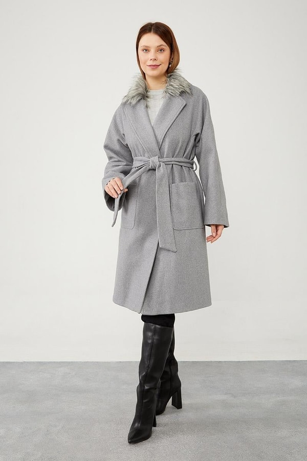 LevidorLevidor Gri Yakası Kürt Detaylı Kuşak Bağlamalı Kaşe Kaban