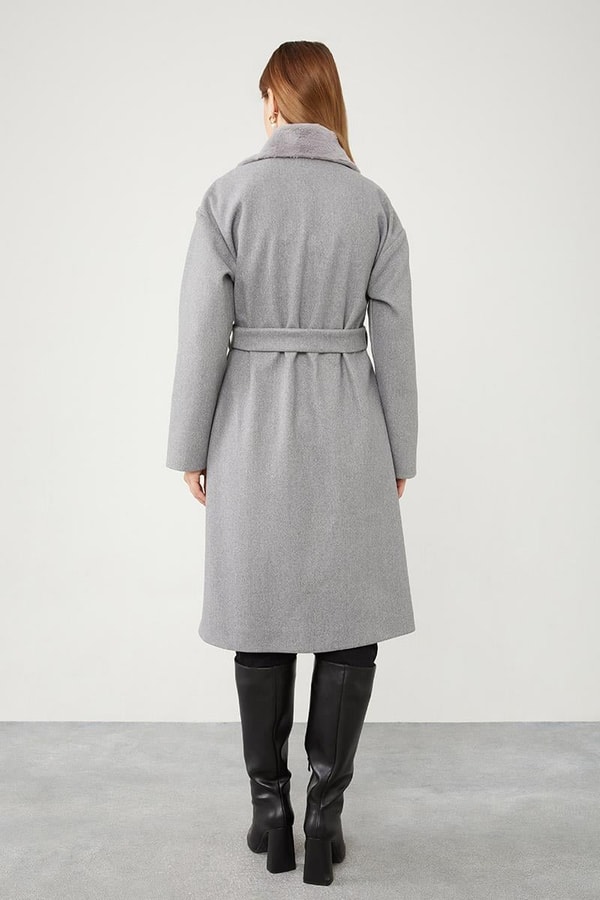 LevidorLevidor Gri Yakası Peluş Detaylı Kuşak Bağlamalı Kaşe Kaban