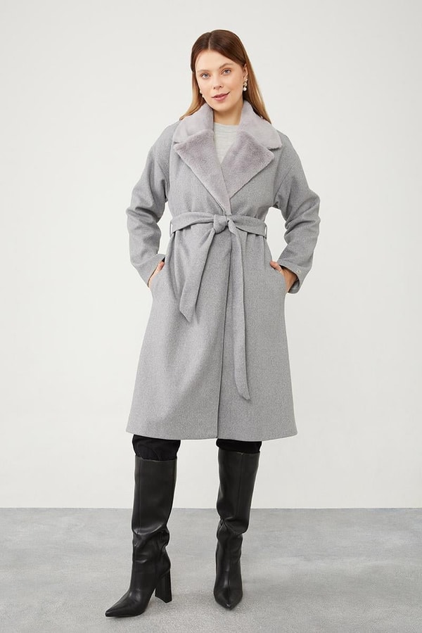 LevidorLevidor Gri Yakası Peluş Detaylı Kuşak Bağlamalı Kaşe Kaban