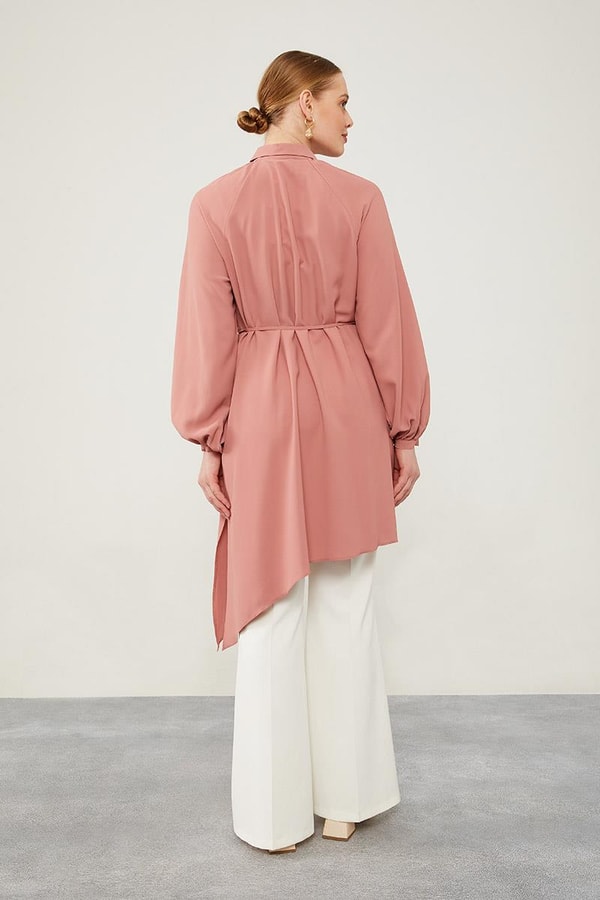 LevidorLevidor Gül Gömlek Yaka Beli İp Bağlamalı Tunik