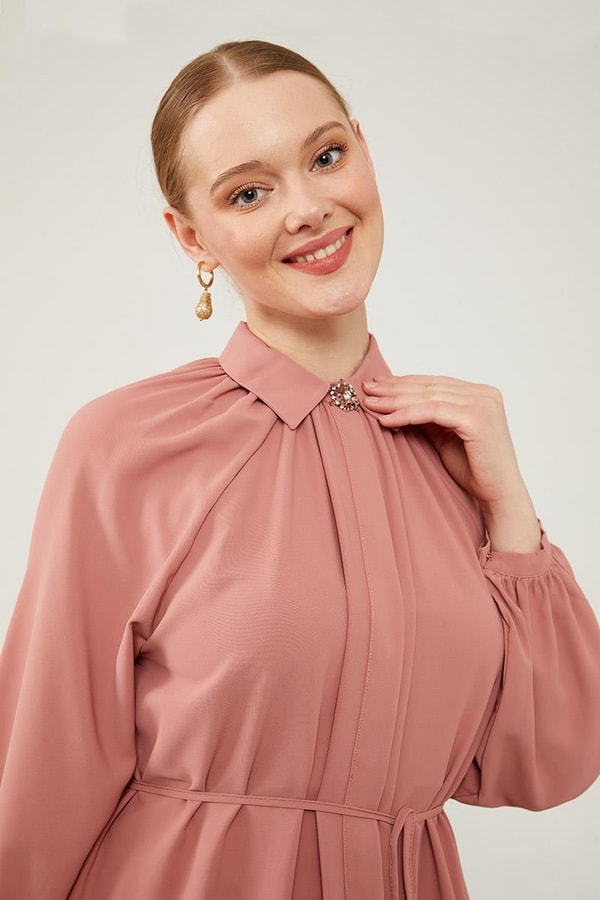 LevidorLevidor Gül Gömlek Yaka Beli İp Bağlamalı Tunik