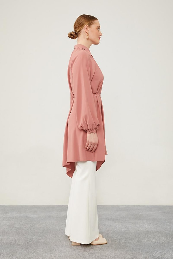 LevidorLevidor Gül Gömlek Yaka Beli İp Bağlamalı Tunik