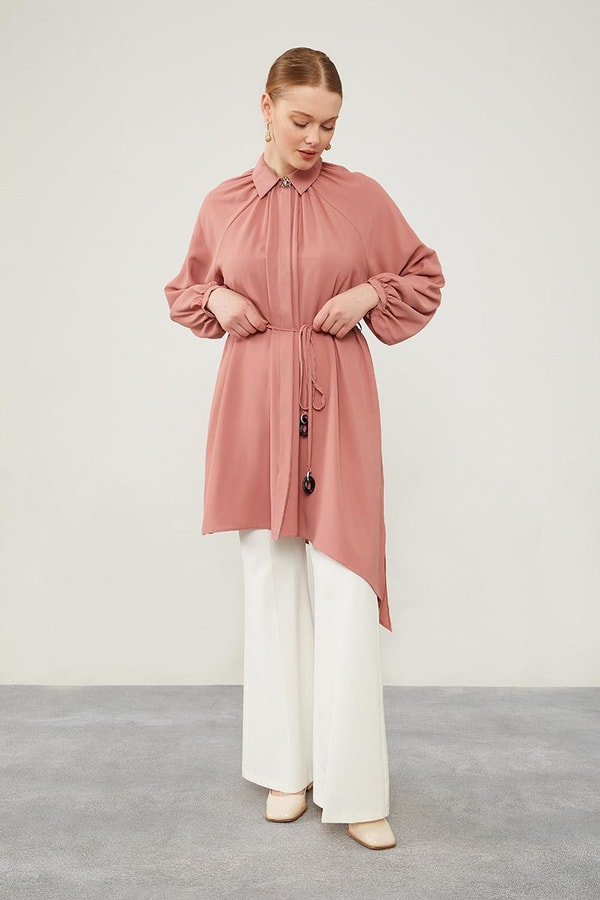 LevidorLevidor Gül Gömlek Yaka Beli İp Bağlamalı Tunik