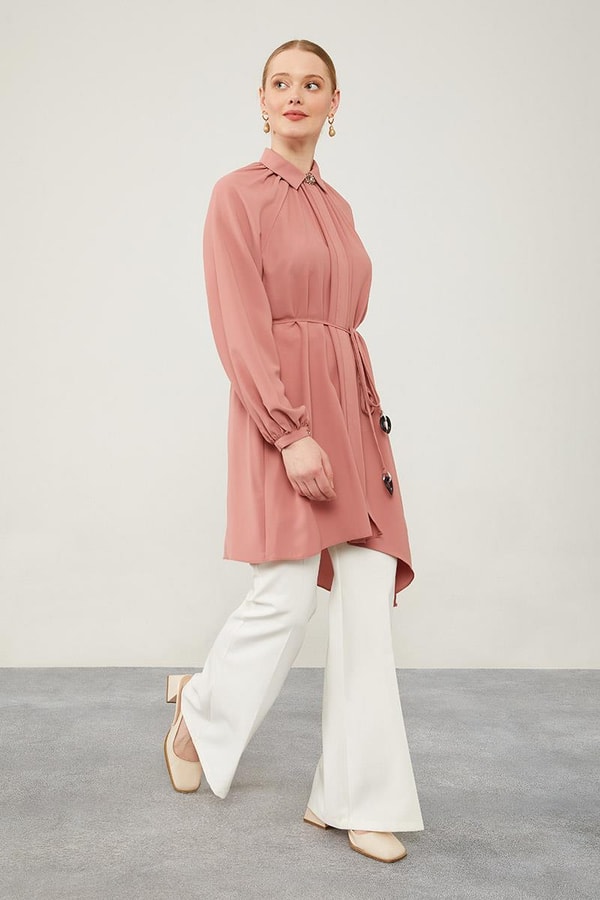 LevidorLevidor Gül Gömlek Yaka Beli İp Bağlamalı Tunik