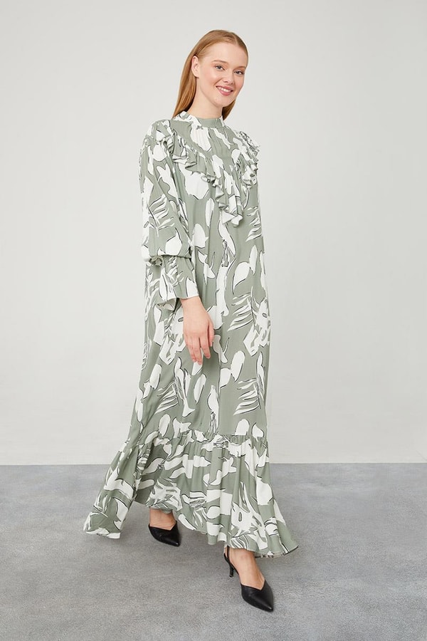 LevidorLevidor Haki Çiçek Desen Volanlı Elbise