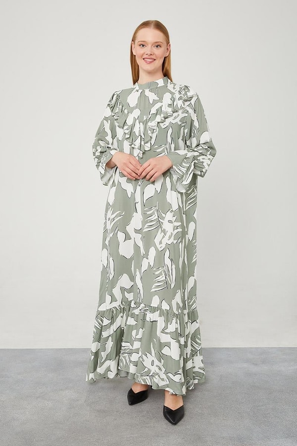 LevidorLevidor Haki Çiçek Desen Volanlı Elbise