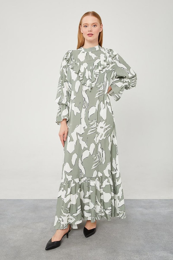 LevidorLevidor Haki Çiçek Desen Volanlı Elbise