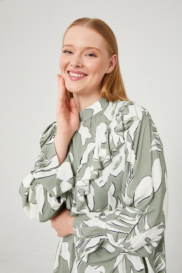 LevidorLevidor Haki Çiçek Desen Volanlı Elbise