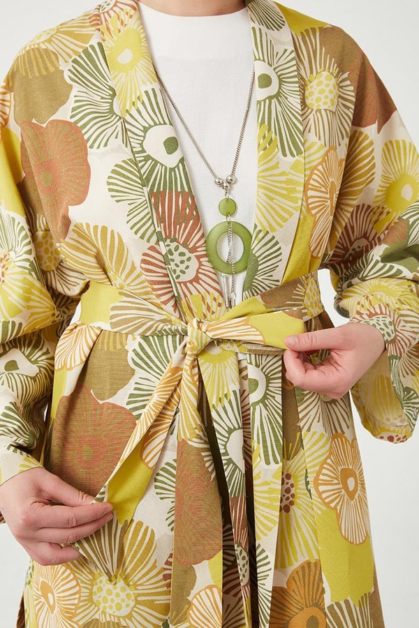 LevidorLevidor Haki İkili Takım Keten Çiçekli Kimono