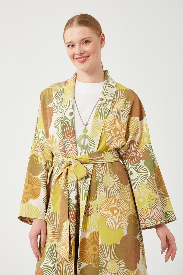 LevidorLevidor Haki İkili Takım Keten Çiçekli Kimono