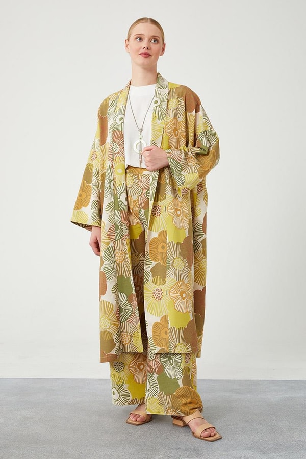 LevidorLevidor Haki İkili Takım Keten Çiçekli Kimono