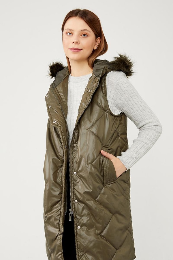 LevidorLevidor Haki Kapitone Kapüşonlu Çıtçıt Kapamalı Yelek