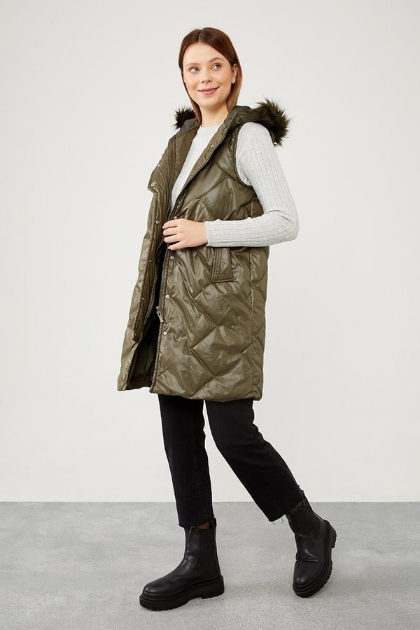 LevidorLevidor Haki Kapitone Kapüşonlu Çıtçıt Kapamalı Yelek