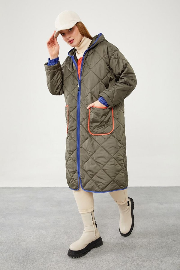 LevidorLevidor Haki Kapitone Uzun Şişme Mont