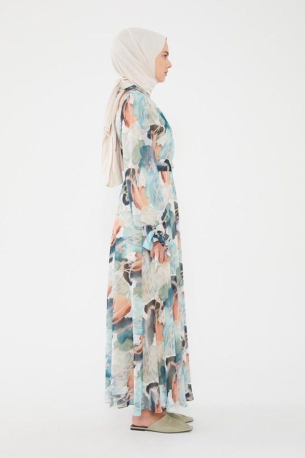 LevidorLevidor Haki Kol ağzı gipeli beli büzgülü desenli şifon elbise