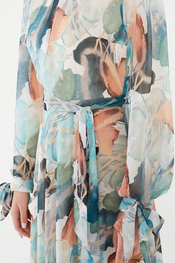 LevidorLevidor Haki Kol ağzı gipeli beli büzgülü desenli şifon elbise