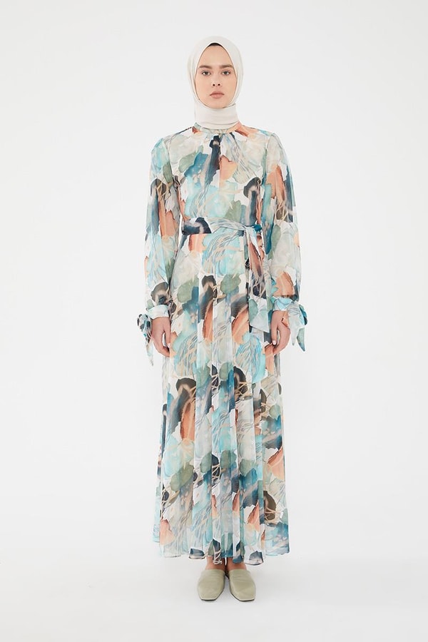 LevidorLevidor Haki Kol ağzı gipeli beli büzgülü desenli şifon elbise