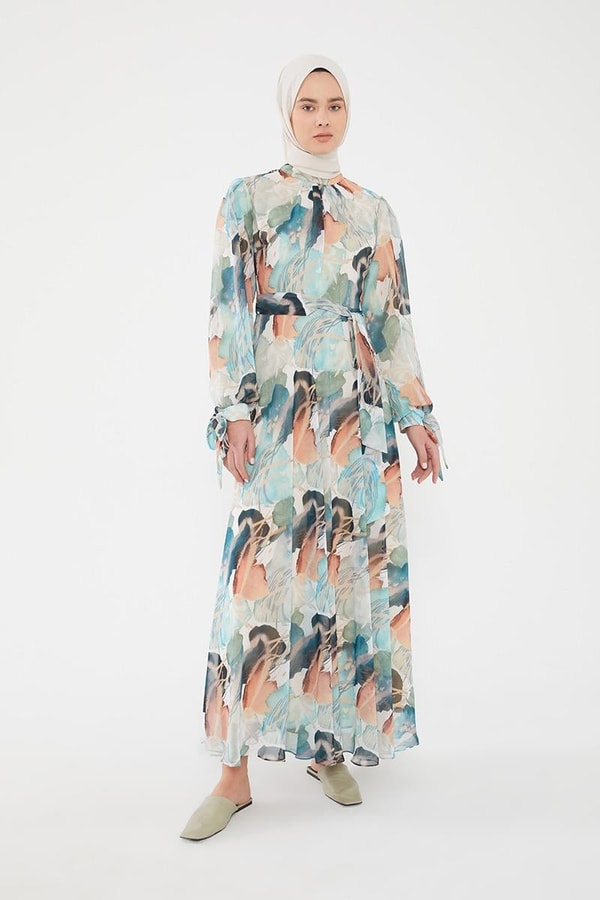 LevidorLevidor Haki Kol ağzı gipeli beli büzgülü desenli şifon elbise