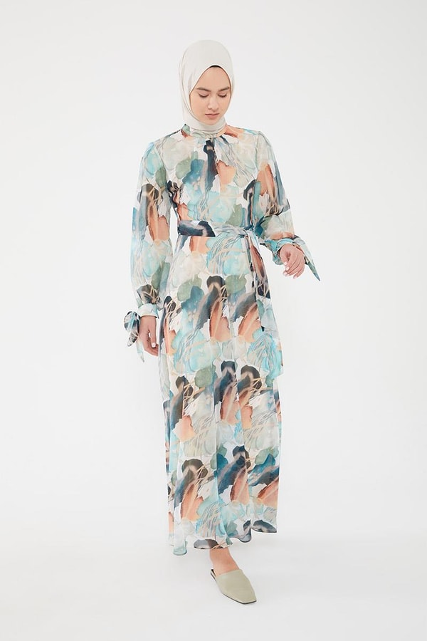 LevidorLevidor Haki Kol ağzı gipeli beli büzgülü desenli şifon elbise