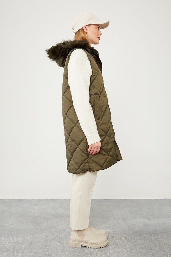 LevidorLevidor Haki Kürk Kapüşonlu Şişme Yelek