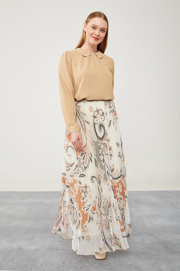 LevidorLevidor Haki Pliseli Çiçek Desen Şifon Etek