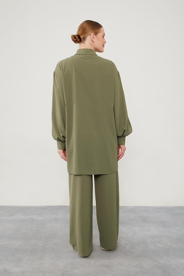 LevidorLevidor Haki Taşlı Çiçek Omuz Detaylı Tunik Takım