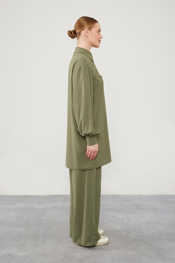 LevidorLevidor Haki Taşlı Çiçek Omuz Detaylı Tunik Takım