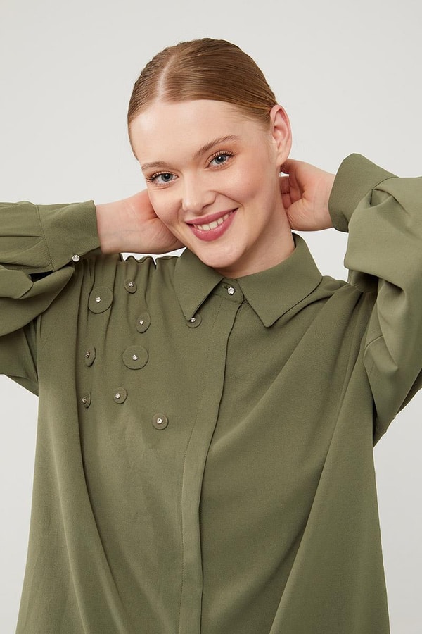 LevidorLevidor Haki Taşlı Çiçek Omuz Detaylı Tunik Takım