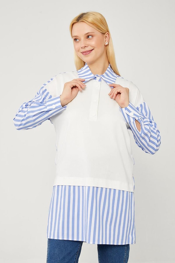 LevidorLevidor İndigo Çizgili Poplin Kumaş Karışımlı Sweat