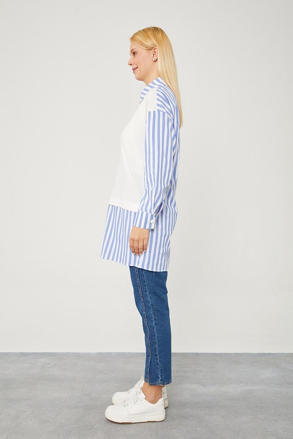 LevidorLevidor İndigo Çizgili Poplin Kumaş Karışımlı Sweat