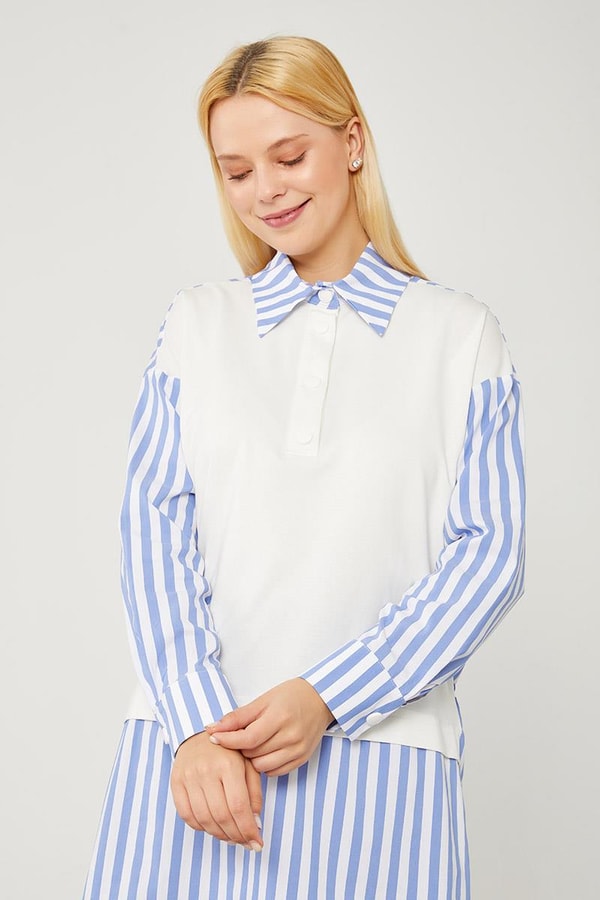 LevidorLevidor İndigo Çizgili Poplin Kumaş Karışımlı Sweat