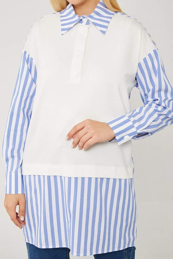 LevidorLevidor İndigo Çizgili Poplin Kumaş Karışımlı Sweat