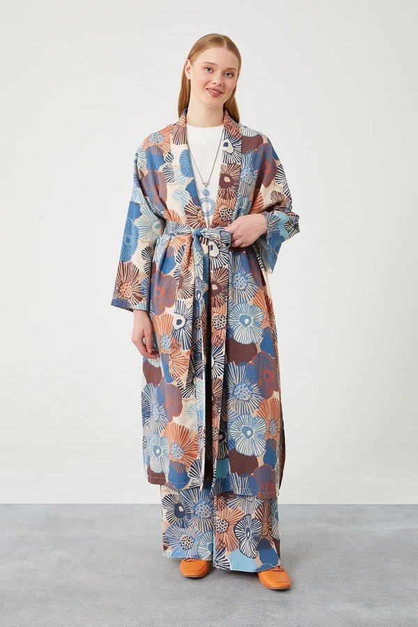LevidorLevidor İndigo İkili Takım Keten Çiçekli Kimono