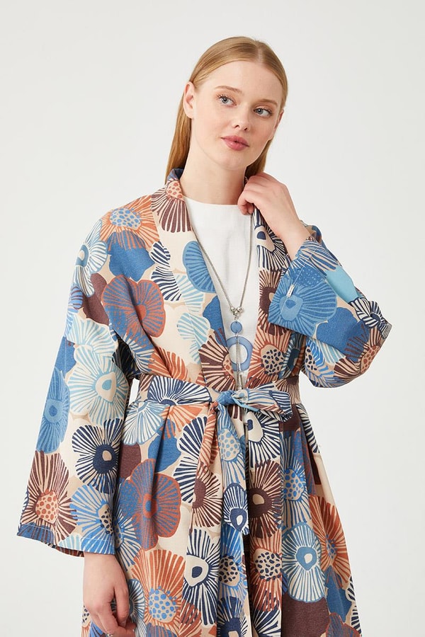 LevidorLevidor İndigo İkili Takım Keten Çiçekli Kimono