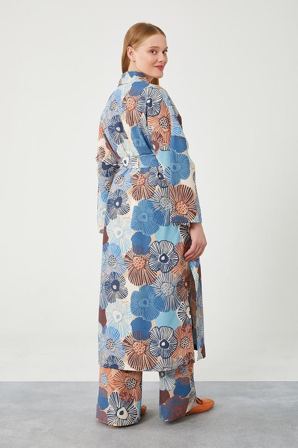 LevidorLevidor İndigo İkili Takım Keten Çiçekli Kimono