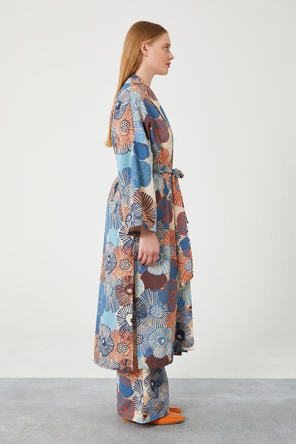 LevidorLevidor İndigo İkili Takım Keten Çiçekli Kimono