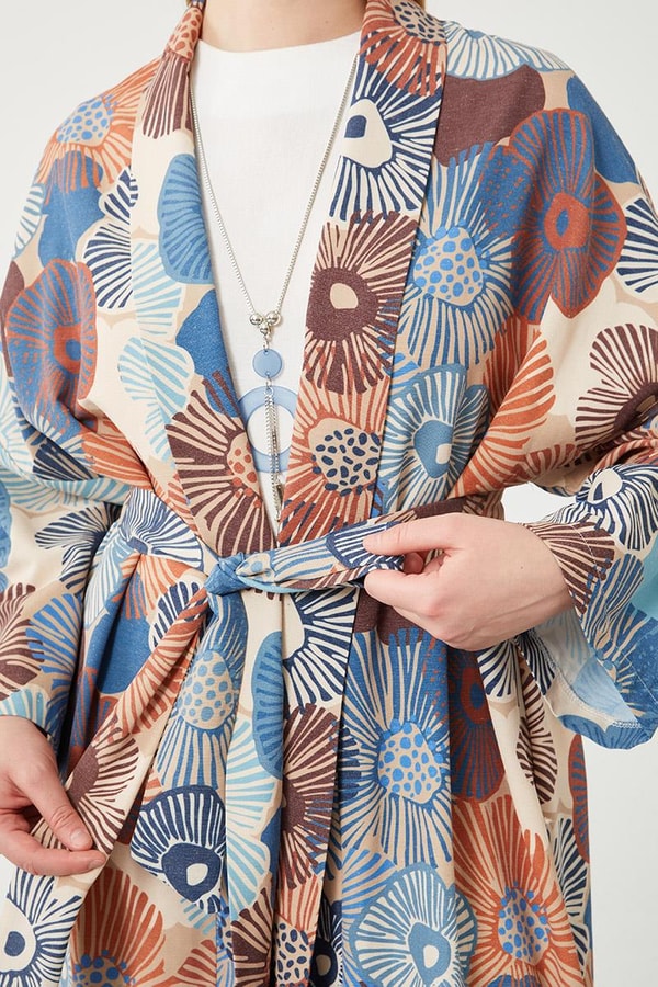 LevidorLevidor İndigo İkili Takım Keten Çiçekli Kimono