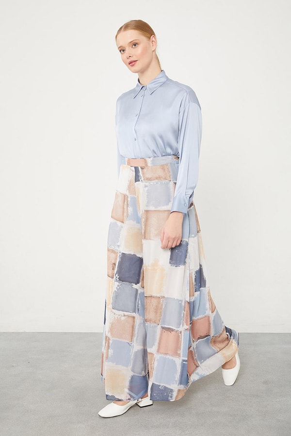 LevidorLevidor İndigo Kare Desen Geniş Paçalı Pantolon