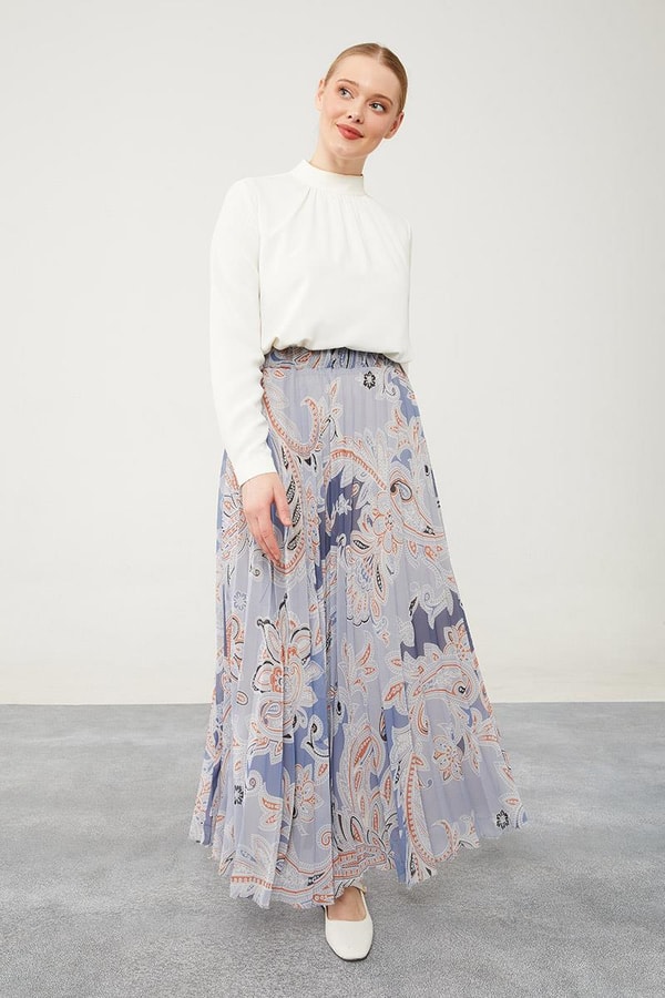 LevidorLevidor İndigo Pliseli Çiçek Desen Şifon Etek