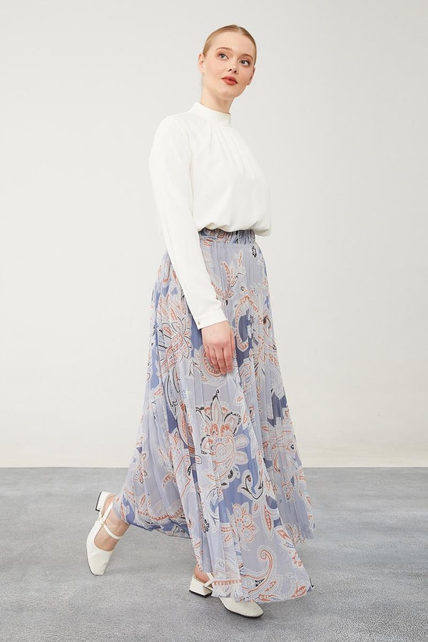 LevidorLevidor İndigo Pliseli Çiçek Desen Şifon Etek