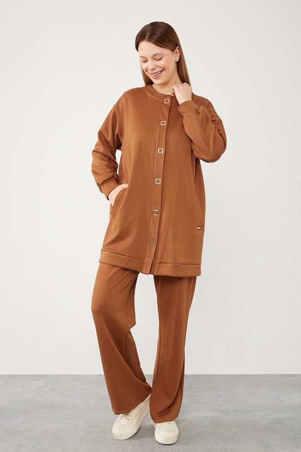 LevidorLevidor Kahve Bisiklet Yaka Cepli Penye Pantolonlu Spor Takım