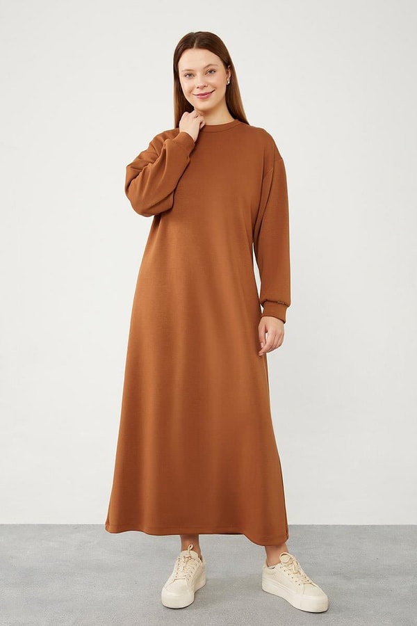 LevidorLevidor Kahve Bisiklet Yaka Kolları Ribanalı Elbise