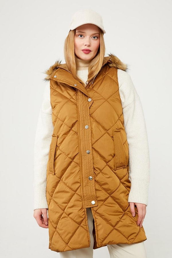 LevidorLevidor Kahve Kürk Kapüşonlu Şişme Yelek