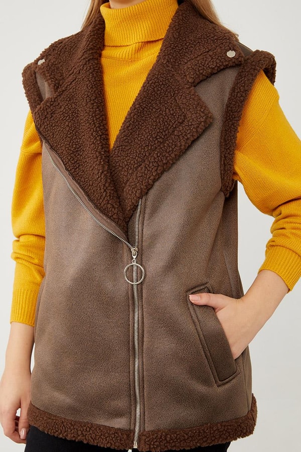 LevidorLevidor Kahve Peluş içli Deri Yelek